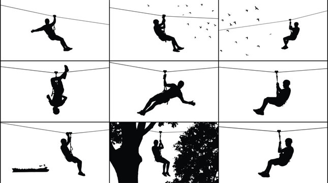 Zip line adventure silhouettes set with people sliding on cable outdoor activity extreme sport vector illustration collection