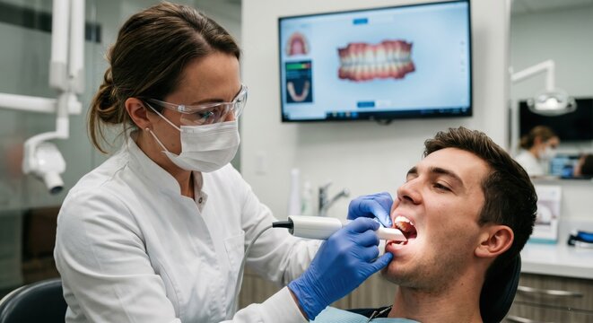 Orthodontist using intraoral scanner during digital mouth scan shows modern orthodontic diagnosis, precise treatment planning and clear high-tech dental workflow.