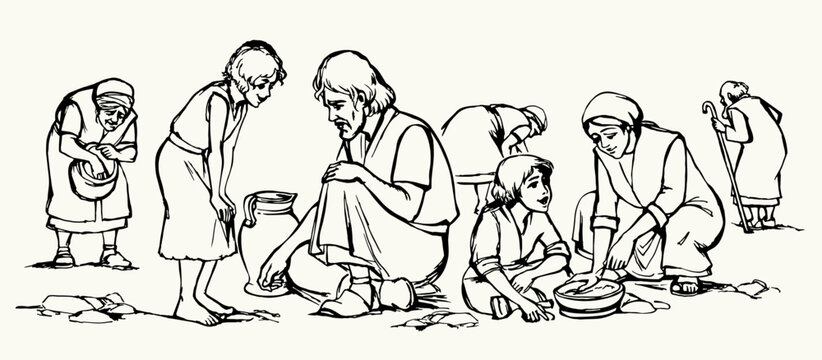 Vector illustration. People collecting manna in the desert.