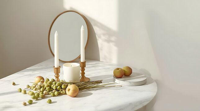 Clean Haft Seen setup with sprouts apples candles and mirror on marble surface with elegant negative space