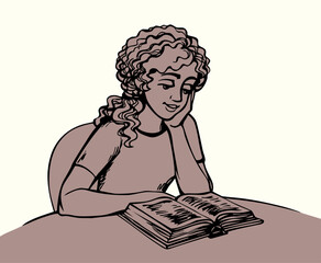 Naklejka premium Vector drawing. Girl reading a book