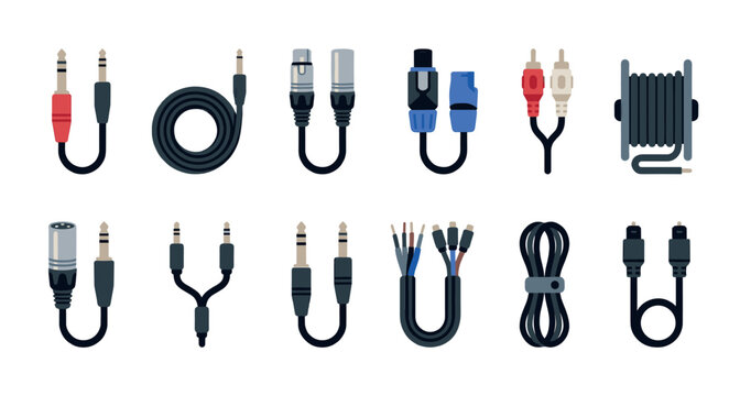 A flat design collection of various audio cables and connectors including jack, XLR, RCA, and spool, isolated on a clean white background for versatile use.