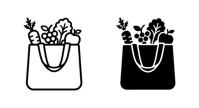 Vegetables and fruits inside grocery tote bag black and white minimalistic design vector set