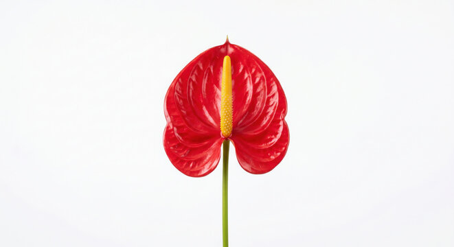 Single red anthurium flower with yellow spadix isolated on a white background.
