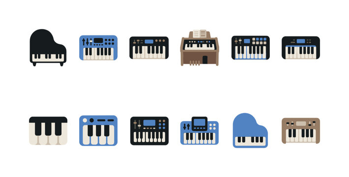 A flat design collection of various keyboard musical instruments including grand pianos and synthesizers in a range of colors on a white background.