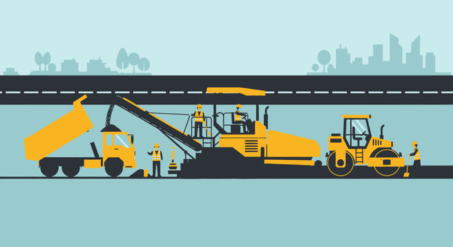 Road construction scene asphalt paving process with machinery and workers