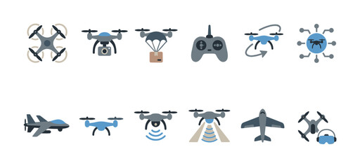 Fototapeta premium A collection of flat vector icons featuring various types of drones, remote controls, airplanes, and VR goggles, representing modern technology and aerial concepts.