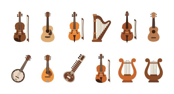 A flat illustration of various musical instruments including violins, guitars, harp, banjo, mandolin, sitar, and lyre, set against a clean white background.