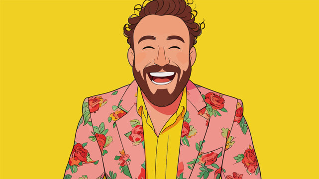 Cheerful bearded man in floral suit laughing happily