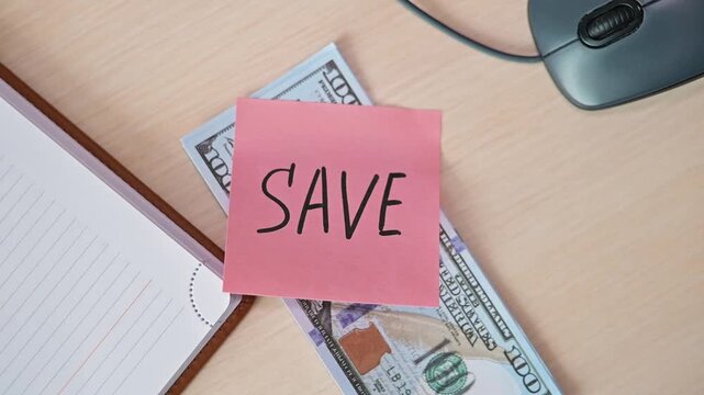 A pink post-it note marked with the word save is placed on a stack of cash on a wooden desk