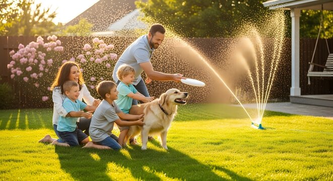 Happy Family Playing in Garden with Dog on Sunny Day