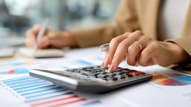 Womans hands on calculator papers