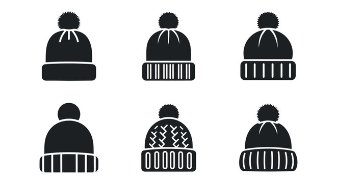 Set of Black Winter Beanies with Pom Poms, Icons for Cold Weather Gear