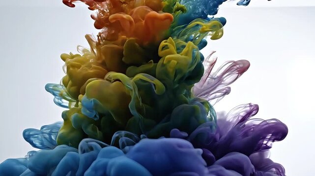 Abstract multi colored ink clouds swirling in clear water on white background