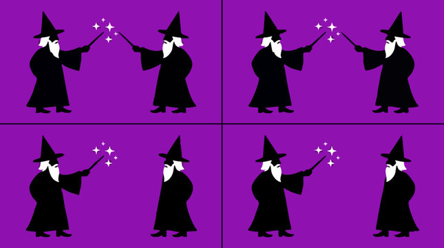 Wizard silhouette vector pattern, magical sorcerer with wand and stars on purple background, mystical fantasy character illustration for wallpaper