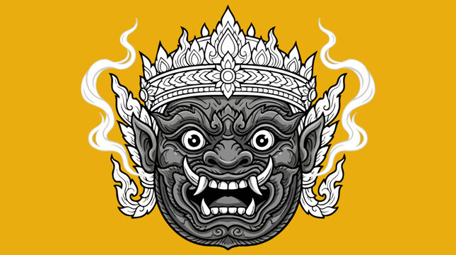 Thai giant demon mask vector illustration, traditional Yaksha guardian face with fangs and crown, cultural mythology character on yellow background