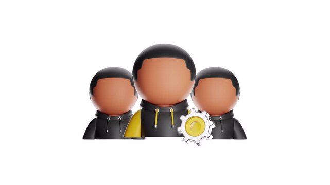 3d ux icon motion three brown figures in hoodies with a gear icon suitable for technology, teamwork, diversity, and teamwork themes in marketing materials.
