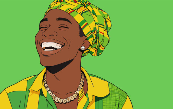 Joyful African Young Man in Traditional Headwrap and Clothing