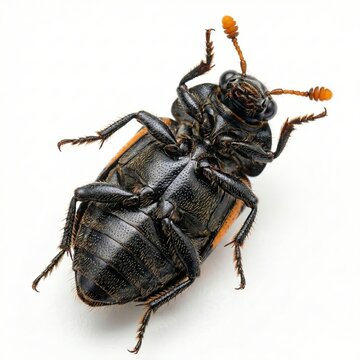 Black and orange burying beetle insect on its back showing underside details isolated on white Generative AI