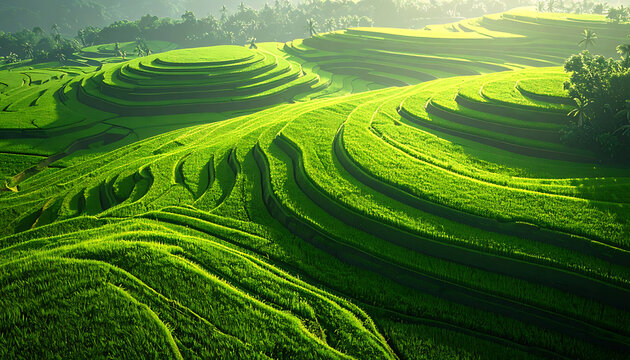 Lush green rice terraces on a hillside bathed in soft morning sunlight, creating a vibrant rural landscape, agriculture and nature's beauty