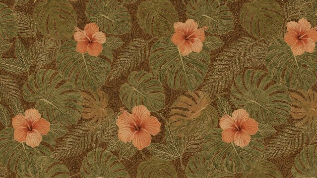 Seamless vintage tropical batik pattern featuring detailed monstera leaves and hibiscus flowers on an earthy brown background. Elegant hand-drawn botanical illustration with Indonesian-inspired motifs