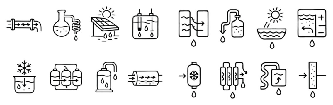 Water treatment icons with tank pipe droplet outline