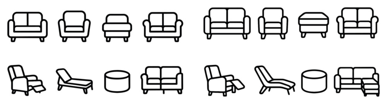 Furniture icons with sofa chair ottoman outline