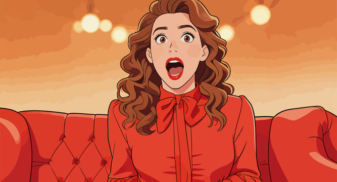 Surprised woman sitting on red sofa in warm indoor space