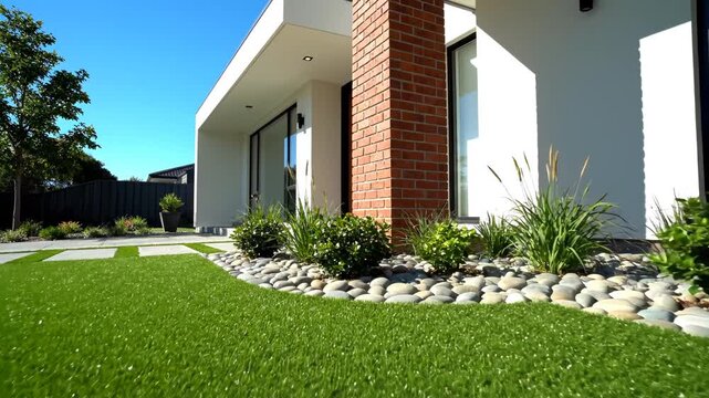Modern house with artificial lawn and landscaping highlighting environmental conservation and serenity
