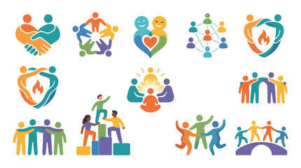 Fototapeta premium Collection of diverse icons representing teamwork, community, support, and human connection in various collaborative settings.