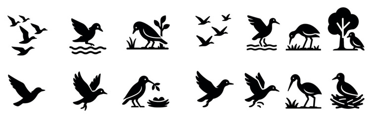 Obraz premium Bird icons with flock wading duck silhouette