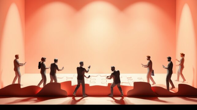 Silhouettes connect puzzle pieces. Teamwork concept, collaboration, success, unity shown through minimalist design. Orange backdrop provides contrast.