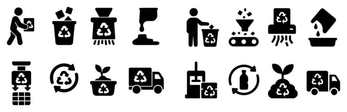 Recycling icons with bin truck person flat