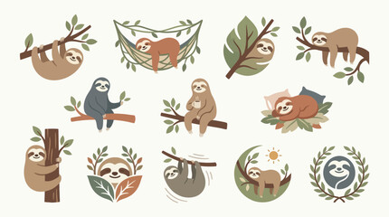 Fototapeta premium Collection of cute sloth illustrations in various poses and settings, showcasing their relaxed nature and arboreal lifestyle.