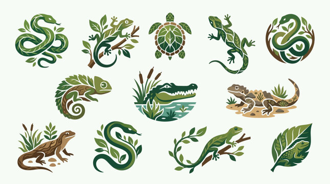 Collection of stylized illustrations of various reptiles and amphibians integrated with natural elements like leaves and branches.