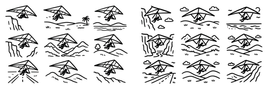 Travel icons with hang glider and cliffs outline