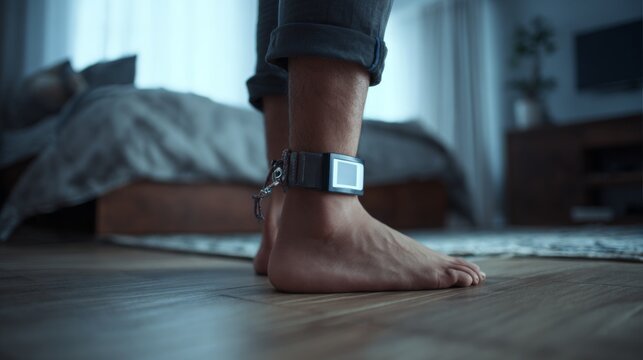 Man wearing electronic ankle monitor at home with security and tracking concept