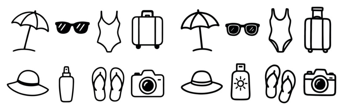 Summer travel icons with umbrella suitcase sunglasses outline