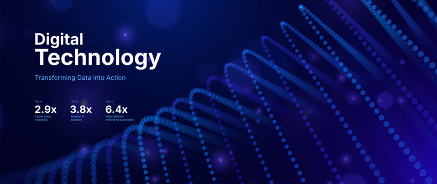 Technology Big Data Flow Background with AI Particles and Digital Stream Lines. Futuristic Data Science Concept. Tech Business Presentation or Annual Report Template. Vector Illustration.