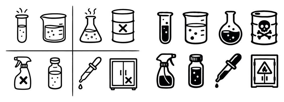 Chemical icons with test tube beaker dropper outline