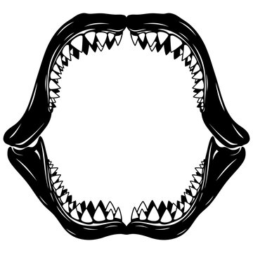 Shark Jaws Open with Sharp Teeth, Dangerous Predator Mouth, Black and White Illustration
