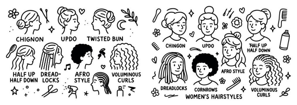 Women hairstyles icons with bun curls line