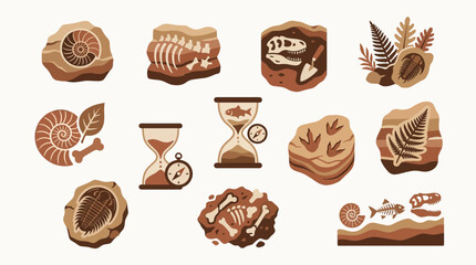 Collection of illustrations depicting various fossils, paleontological tools, and ancient life forms embedded in rock and earth. © tr