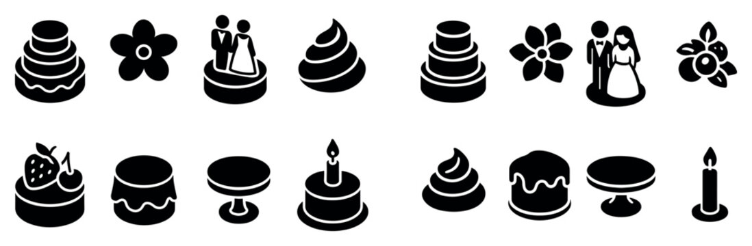 Celebration icons with cake flower couple flat