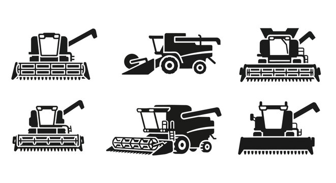 Set of six combine harvester icons, agricultural machinery, vector illustration