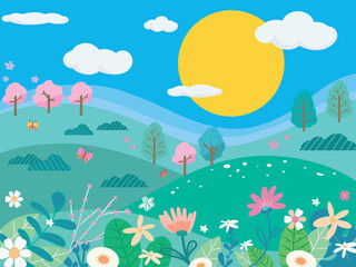 Naklejka premium Spring Landscape Illustration with Sun, Clouds, Trees, and Flowers
