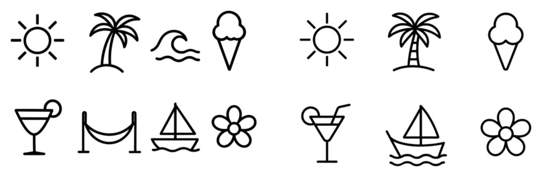 Summer icons with palm ice cream sail boat outline