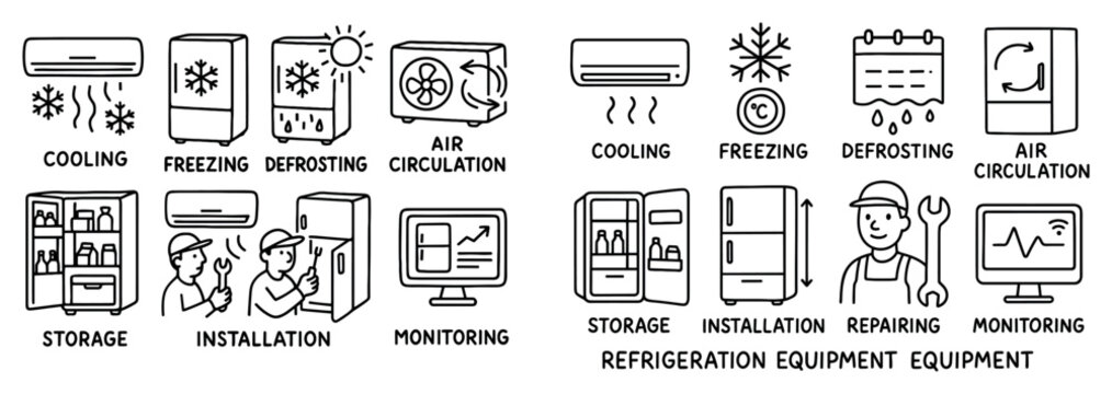 Refrigeration icons with fridge air conditioner lineart