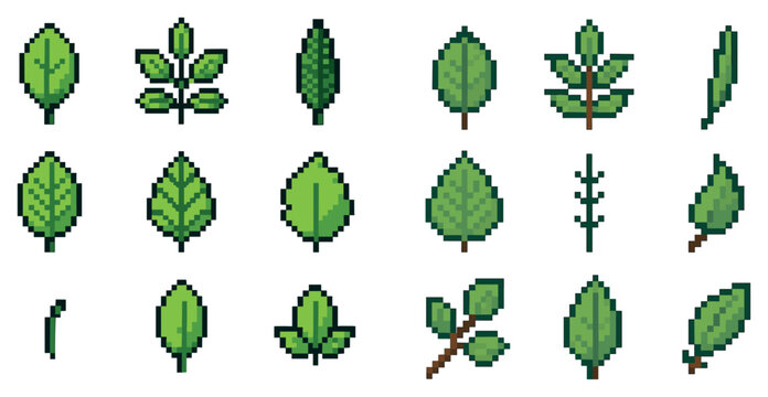 Leaf icons with branches sprout pixel retro style
