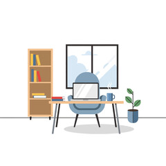 Fototapeta premium Cozy home office setup with laptop, bookshelf, plant, and window view